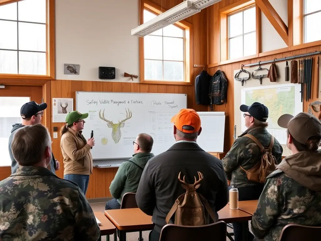 A classroom setting where experienced hunters are teaching new members about hunting safety, regulations, and ethical hunting practices. The focus is on education and responsible hunting.