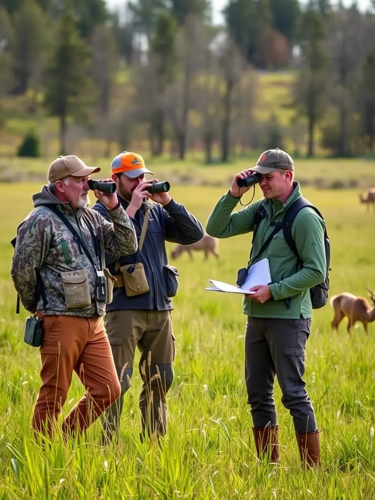A photograph depicting members of ASSOCIATION COMMUNALE DE CHASSE AGREEE DE DE SAINT-MARTIAL participating in a wildlife census, using binoculars and notebooks in a natural habitat setting.