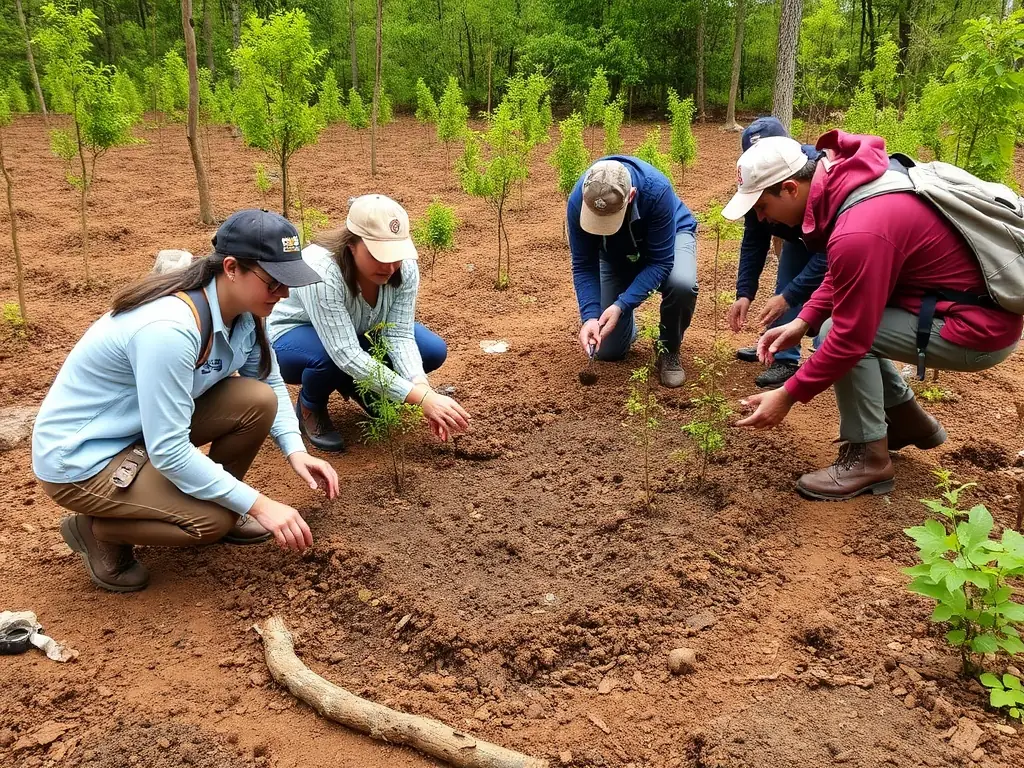 Volunteers planting native trees and shrubs in a deforested area, contributing to habitat restoration and biodiversity. The image highlights the association's commitment to environmental conservation.