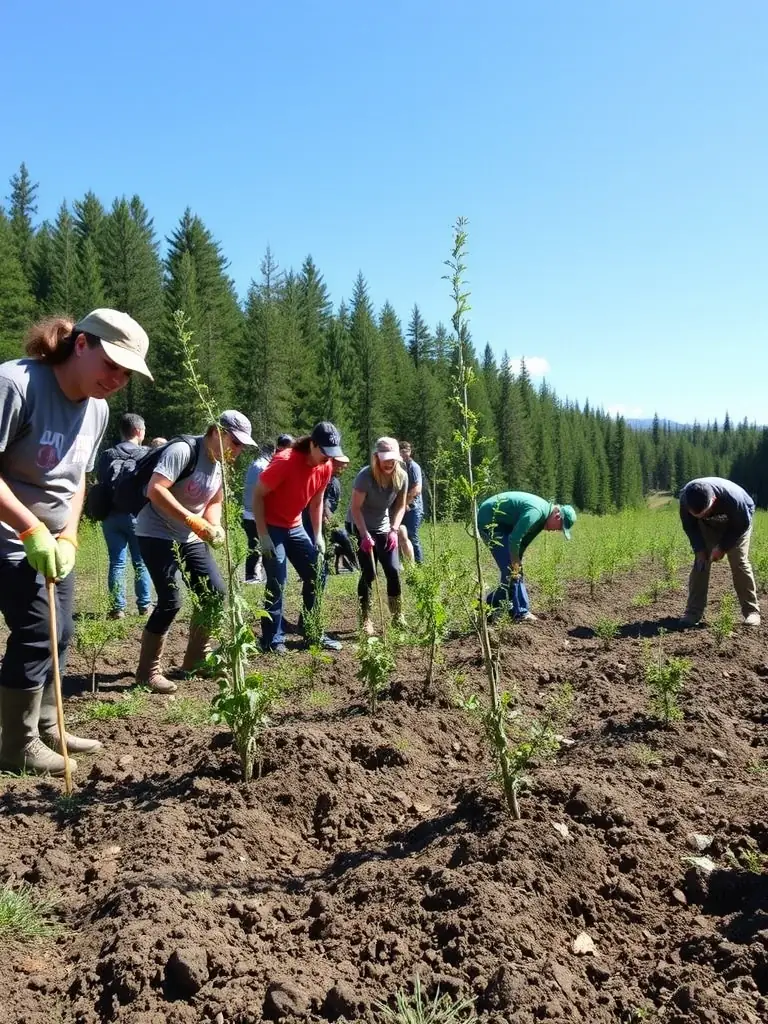 A photograph illustrating habitat restoration efforts, with members planting native trees and shrubs to enhance biodiversity and support local wildlife populations.
