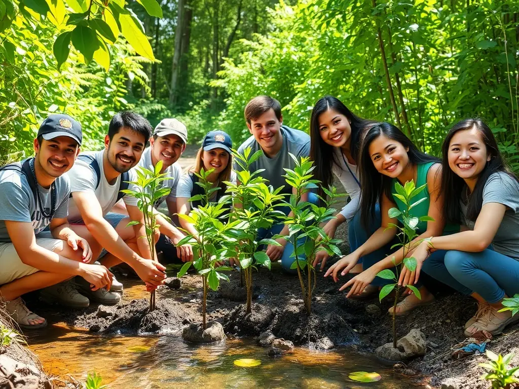 A photograph depicting a group of association members participating in a wildlife habitat restoration project, planting native trees and shrubs in a designated area. The image should convey a sense of teamwork, environmental stewardship, and positive impact on the local ecosystem.
