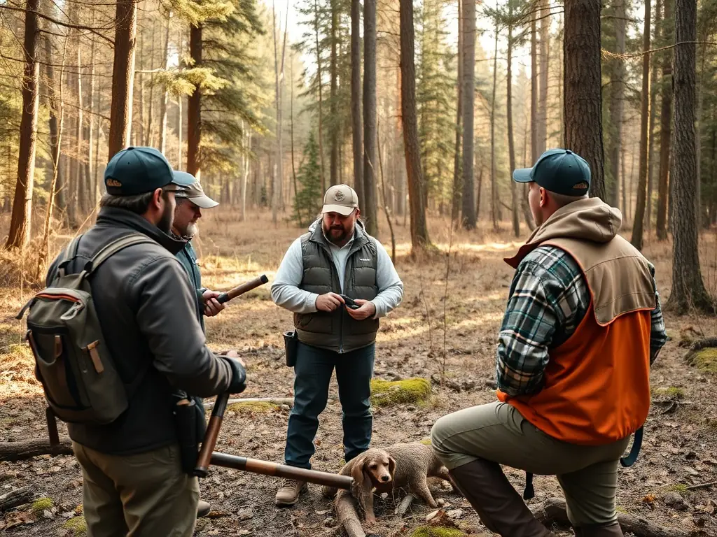A photograph showcasing a training session for association members on responsible hunting practices, led by experienced instructors. The image should highlight the importance of ethical hunting, wildlife conservation, and adherence to safety regulations.
