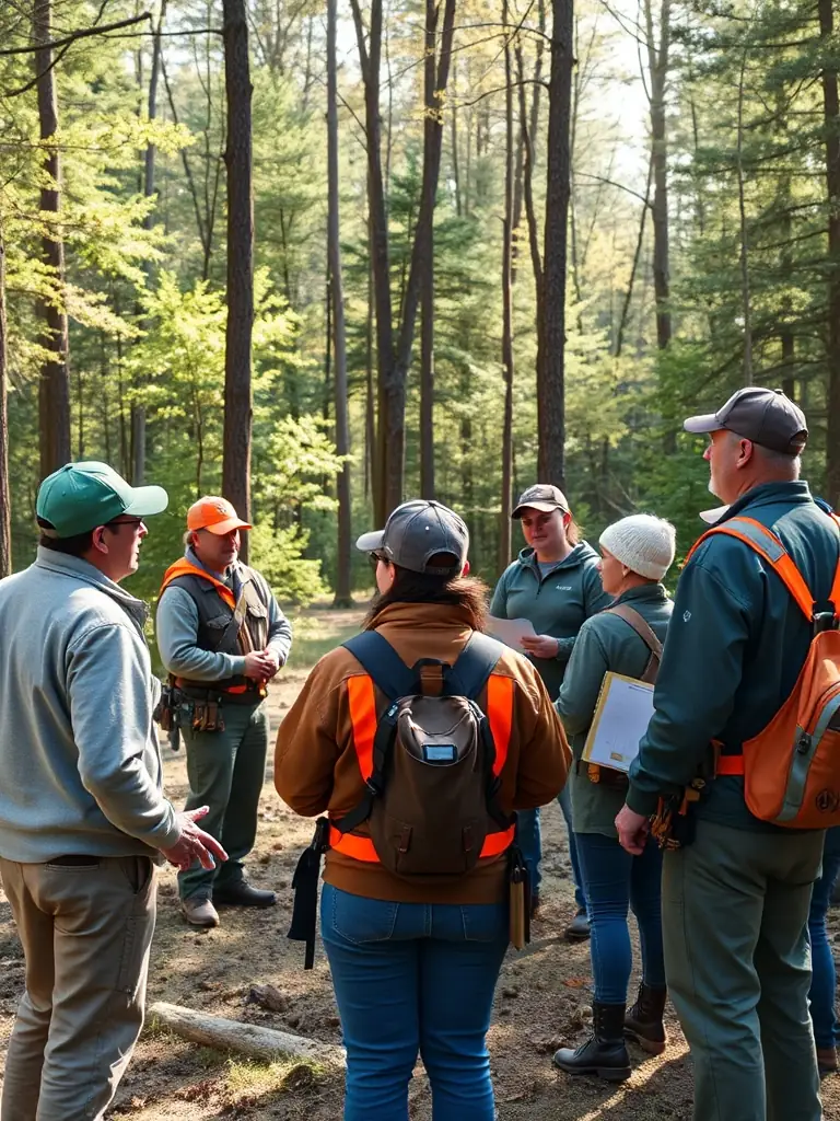 A photograph showing a group of young hunters participating in a training session on responsible hunting practices, led by experienced members of the association.