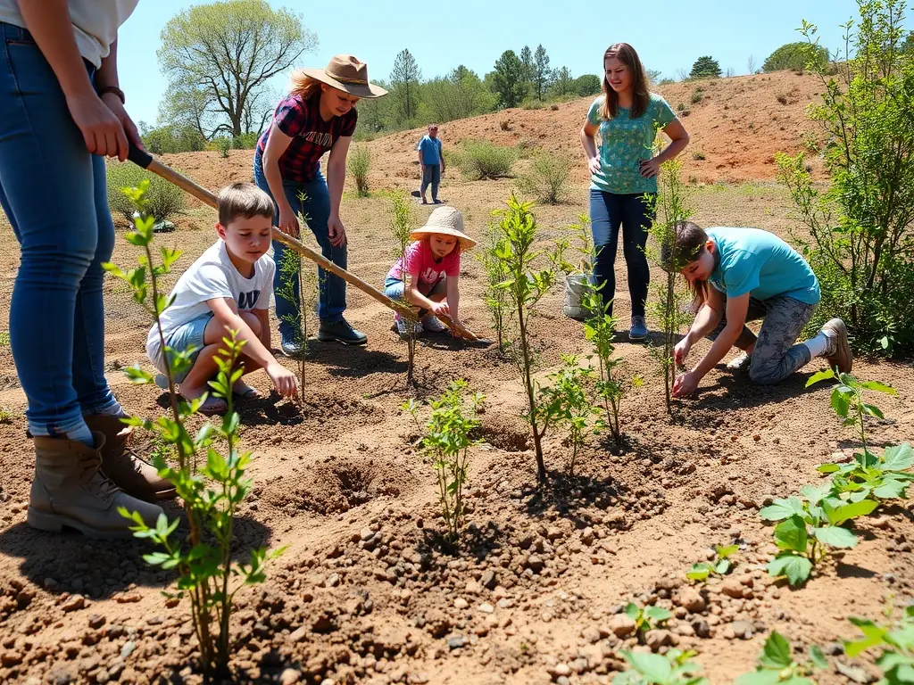 A photograph depicting members of the ASSOCIATION COMMUNALE DE CHASSE AGREEE DE DE SAINT-MARTIAL participating in a habitat restoration project, planting native trees and shrubs to enhance biodiversity.