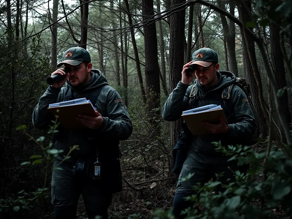 A group of hunters participating in a wildlife census, carefully observing and recording data in a natural habitat. The scene emphasizes responsible data collection for wildlife management.