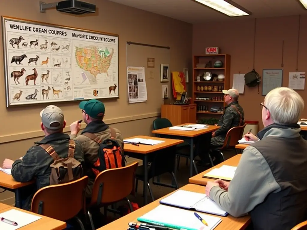 An image showing a group of hunters attending a workshop on responsible hunting practices, learning about wildlife conservation and ethical hunting techniques.